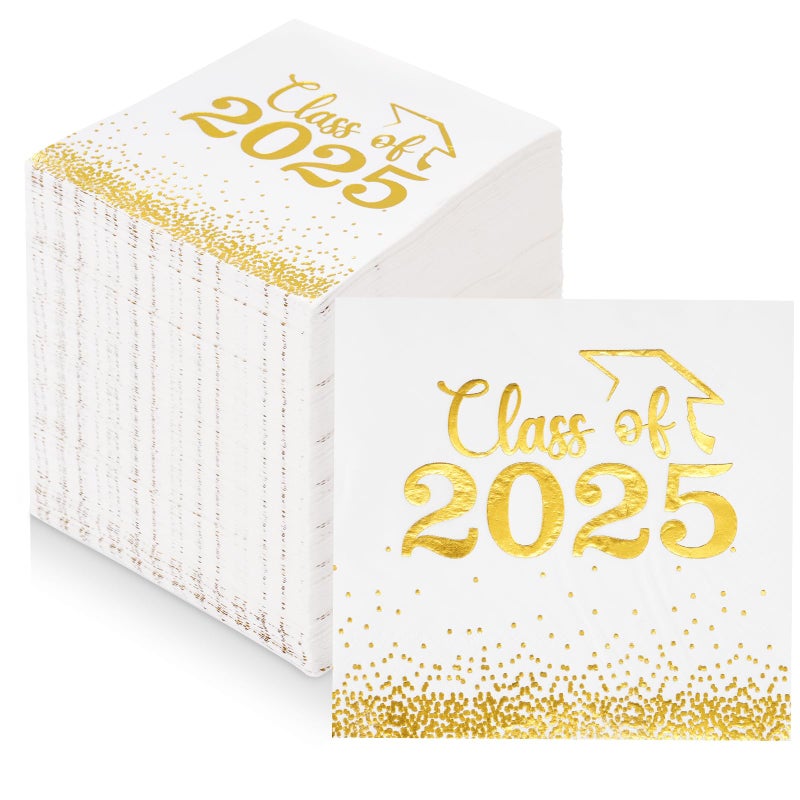 Mljsh Class of 2025 Graduation Napkins 100 PCS White and Gold Polka Dot Paper Napkins for Grad Party Decorations Luxurious Absorbent FoodGrade